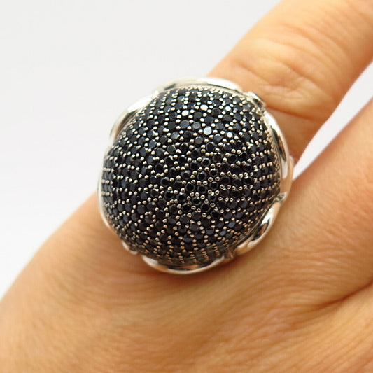 925 Sterling Silver Black C Z Floral Design Statement Domed Ring Size 5 3/4