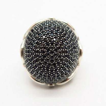 925 Sterling Silver Black C Z Floral Design Statement Domed Ring Size 5 3/4