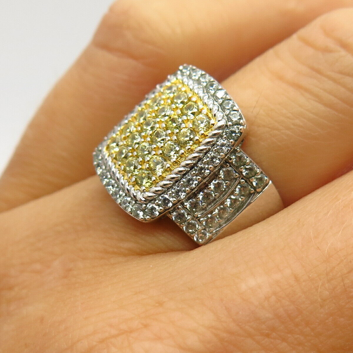 925 Sterling Silver White & Canary-Tone C Z Signet Ring Size 6 3/4