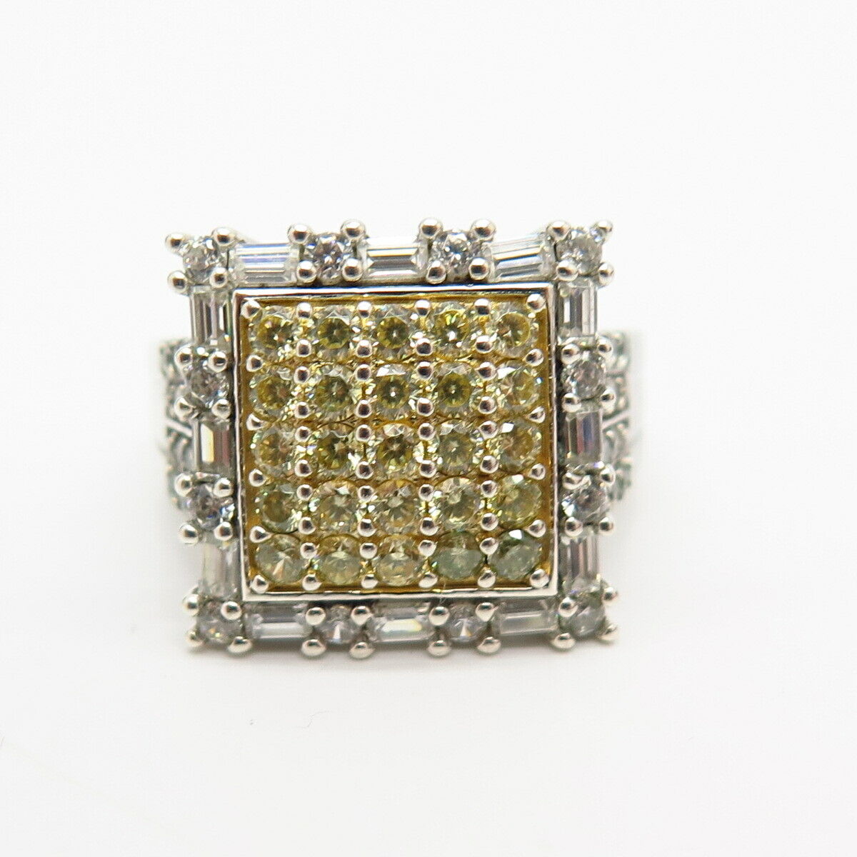 925 Sterling Silver White & Canary-Tone C Z Square Design Ring Size 7