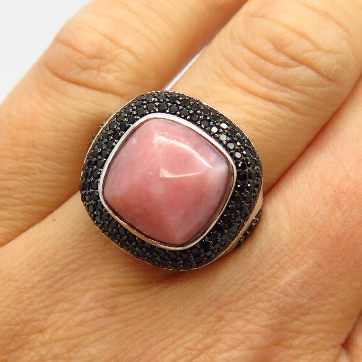 925 Sterling Silver Real Rhodonite & Melanite Gem Statement Ring Size 7 3/4