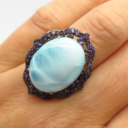 925 Sterling Silver Real Larimar Gem & Amethyst-Tone C Z Wide Ring