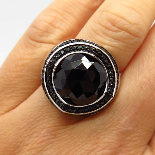 925 Sterling Silver Real Melanite Gemstone Curved Design Wide Ring Size 7 1/4