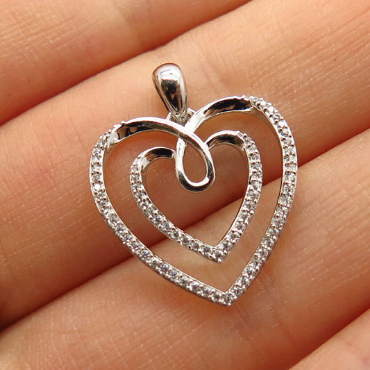 925 Sterling Silver C Z Open Double Heart Design Pendant