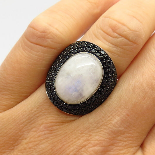 925 Sterling Silver Real Rainbow Moonstone & Melanite Gem Statement Ring