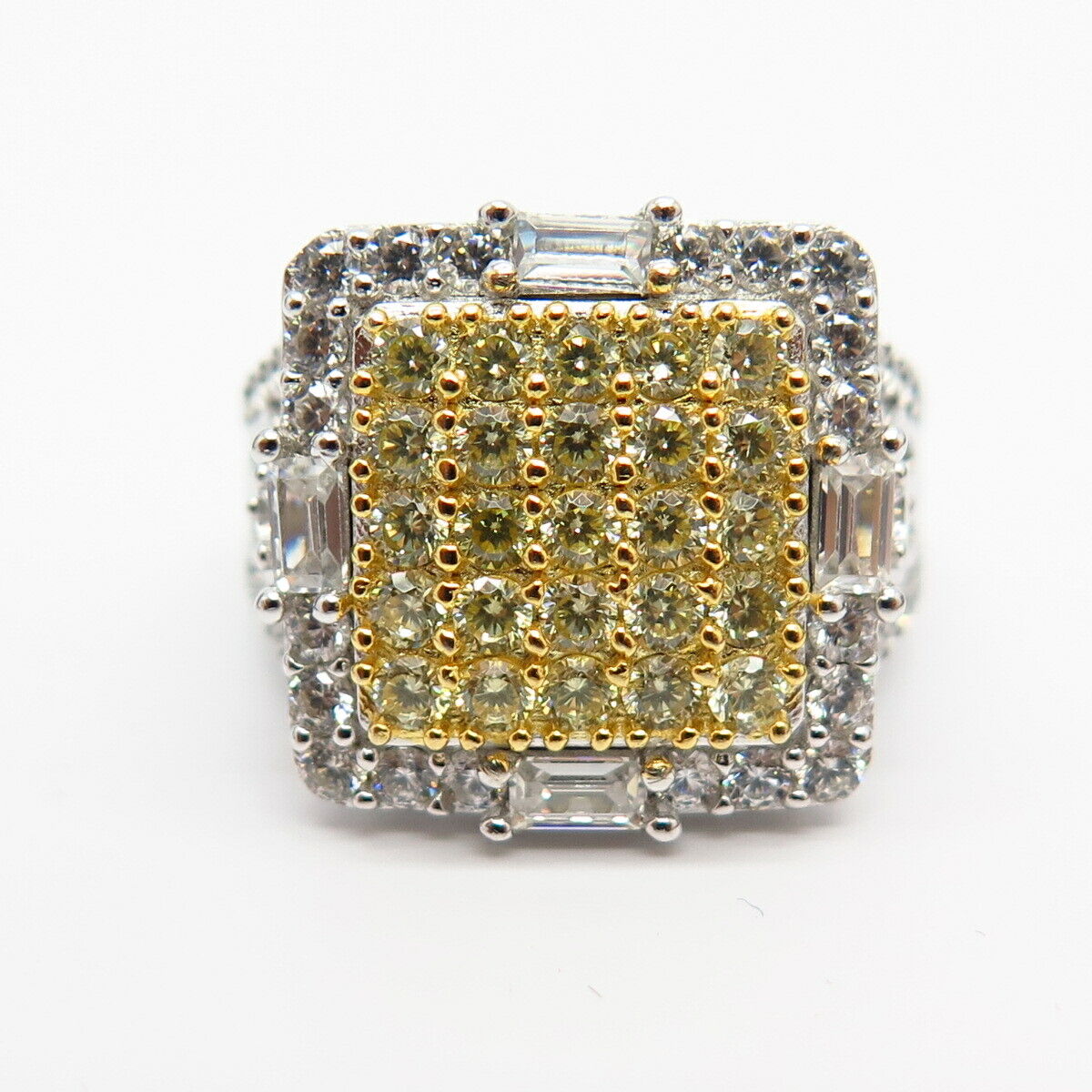 925 Sterling Silver White & Canary-Tone C Z Square Design Wide Ring Size 7