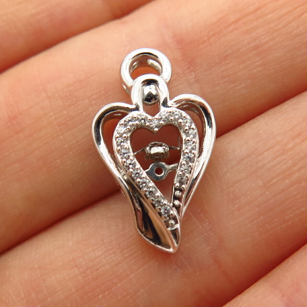 925 Sterling Silver Dancing C Z Double Heart Design Slide Pendant