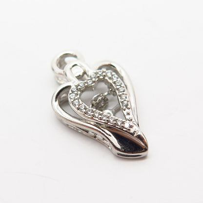 925 Sterling Silver Dancing C Z Double Heart Design Slide Pendant