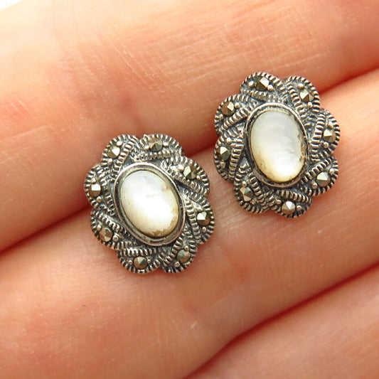 925 Sterling Silver Real Mother-Of-Pearl & Marcasaite Gem Stud Earrings