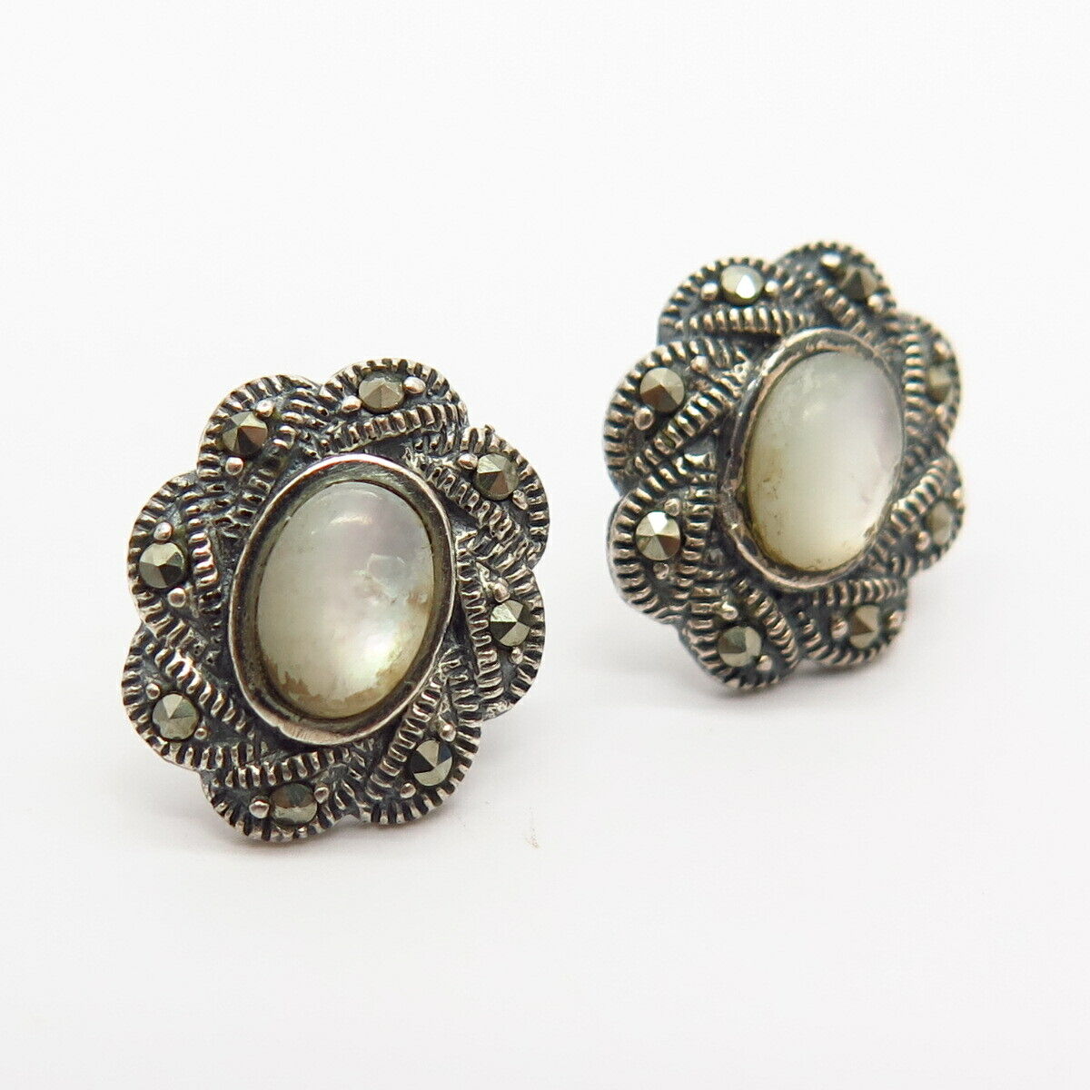 925 Sterling Silver Real Mother-Of-Pearl & Marcasaite Gem Stud Earrings