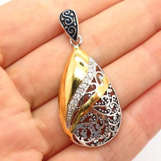 925 Sterling Silver 2-Tone C Z Ornate Drop Design Pendant