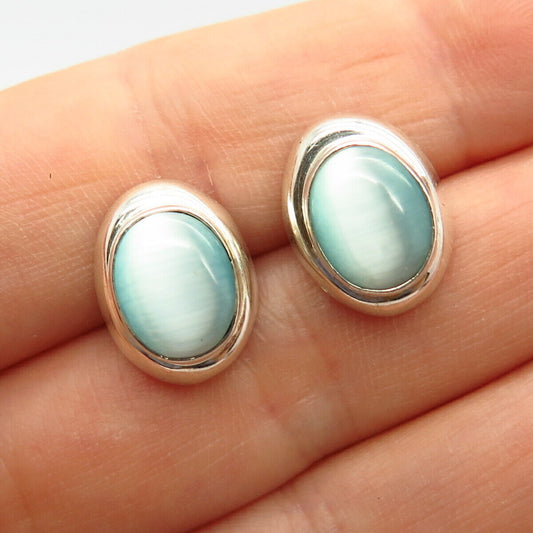 925 Sterling Silver Blue Tiger Eye Imitation Stud Earrings