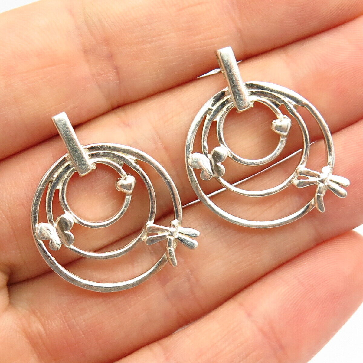 925 Sterling Silver Heart Butterfly & Dragonfly Design Earrings