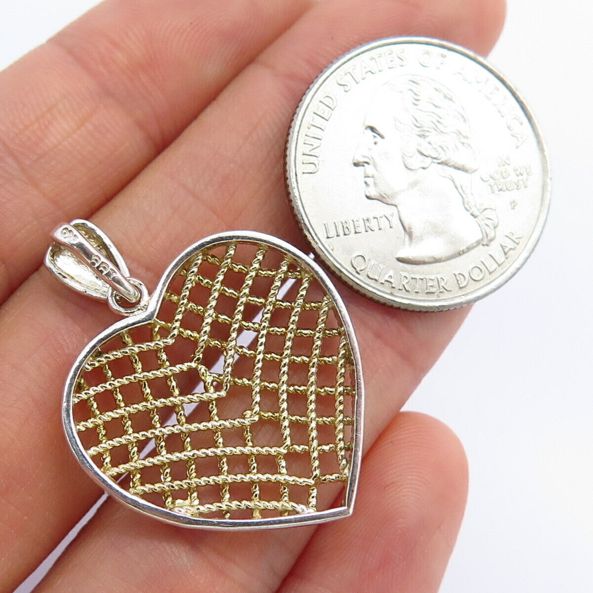 925 Sterling Silver 2-Tone Woven Heart Design Pendant