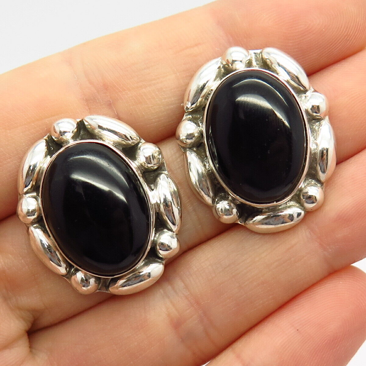 925 Sterling Silver Vintage Mexico Real Black Onyx Gem Oval Earrings