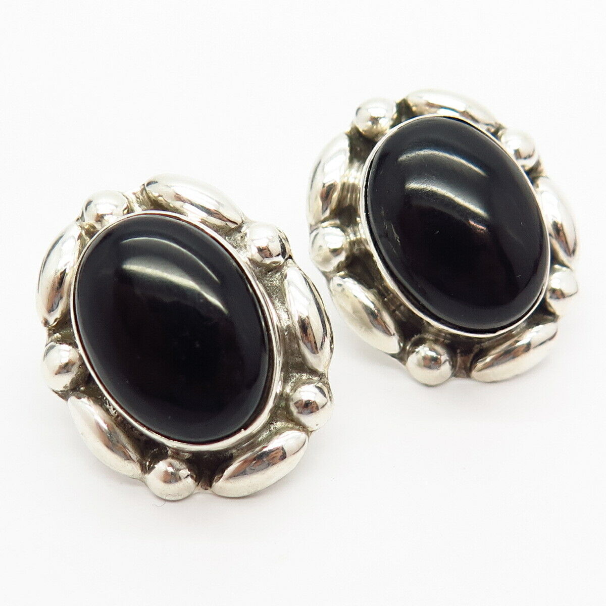 925 Sterling Silver Vintage Mexico Real Black Onyx Gem Oval Earrings