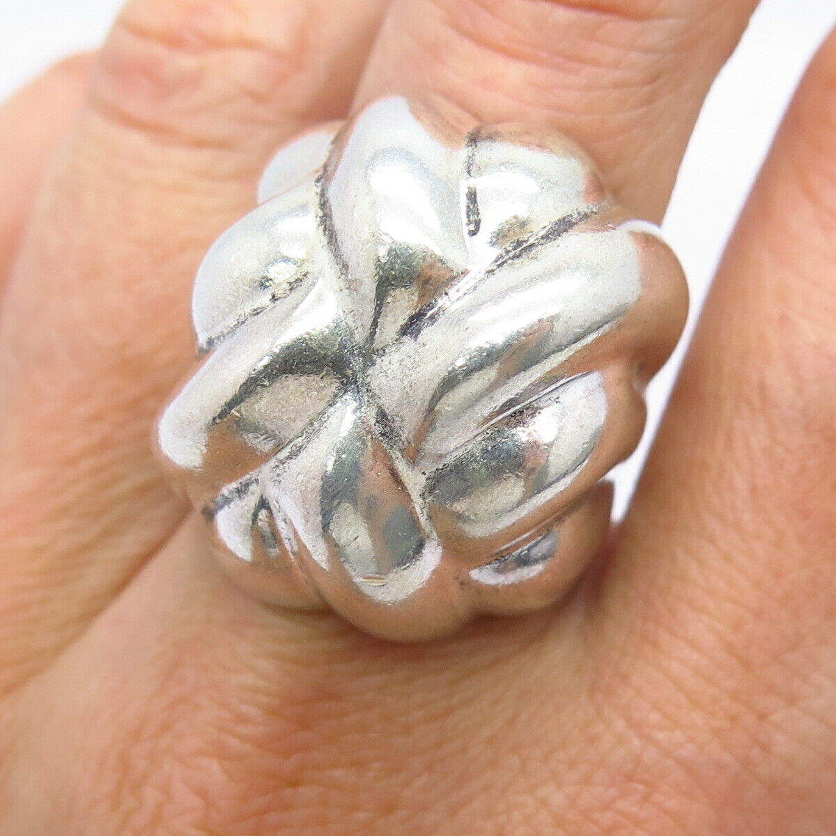 925 Sterling Silver Vintage Mexico Ribbed Design Puffy Wide Ring Size 7.5