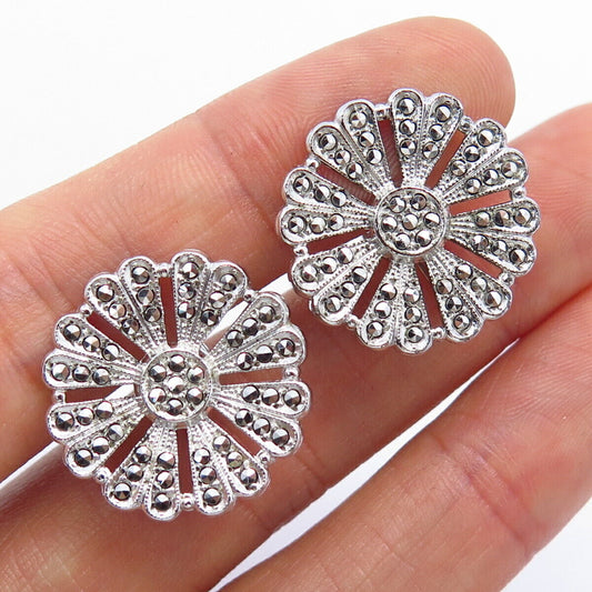 925 Sterling Silver Vintage Real Marcasite Gem Floral Screw Back Earrings