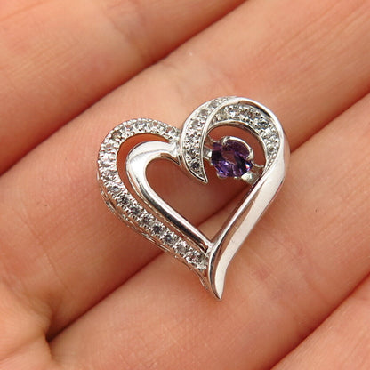 925 Sterling Silver Dancing Amethyst & White Topaz Gemstone Heart Slide Pendant