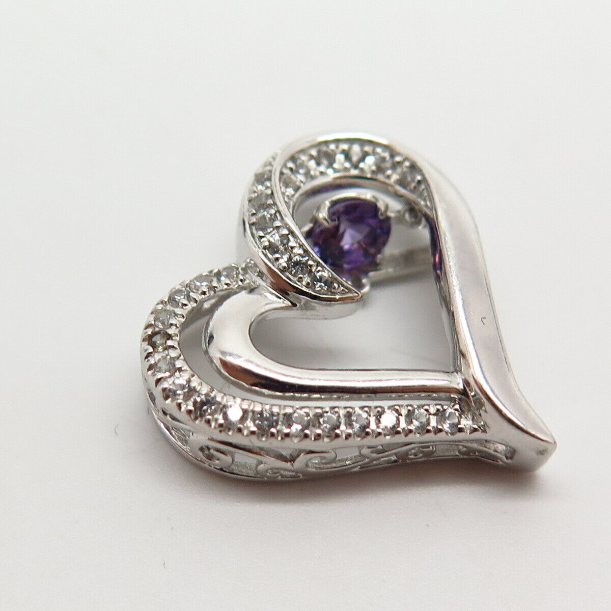 925 Sterling Silver Dancing Amethyst & White Topaz Gemstone Heart Slide Pendant