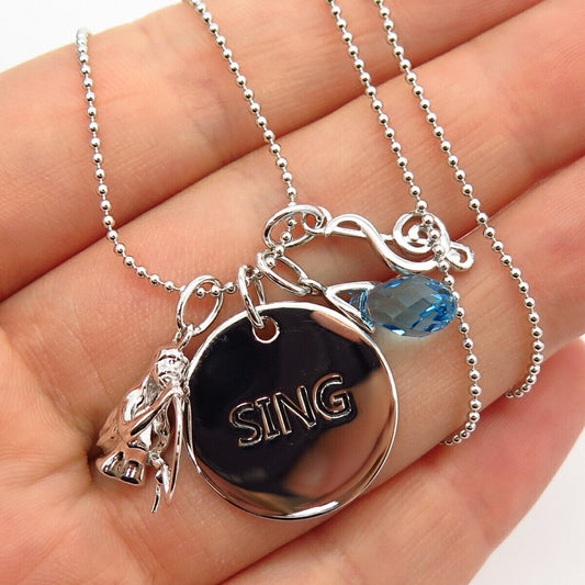 925 Sterling Silver Crystal "Sing" Music Theme Pendant Chain Necklace 18"