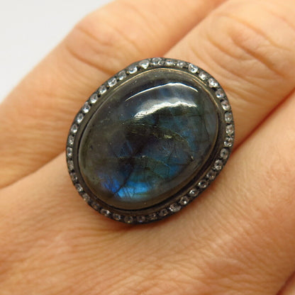 925 Sterling Silver Real White Topaz & Labradorite Gem Twisted Design Ring