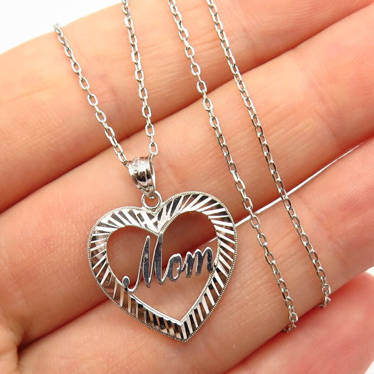 925 Sterling Silver "MOM" Open Heart Pendant Cable Chain Necklace 18"