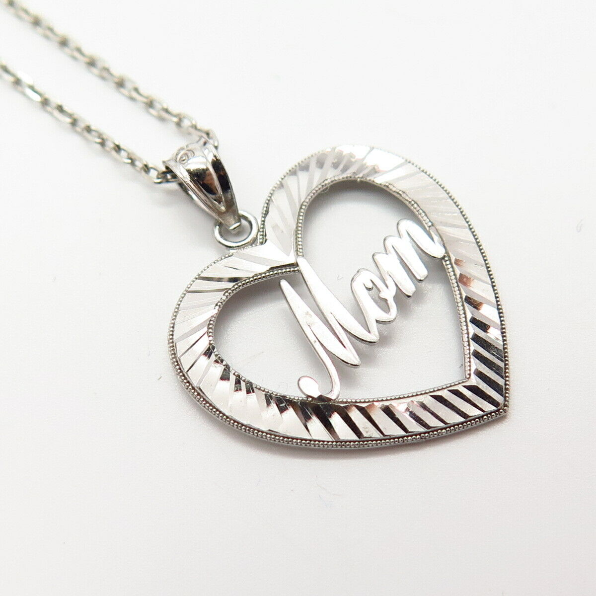 925 Sterling Silver "MOM" Open Heart Pendant Cable Chain Necklace 18"