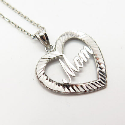 925 Sterling Silver "MOM" Open Heart Pendant Cable Chain Necklace 18"