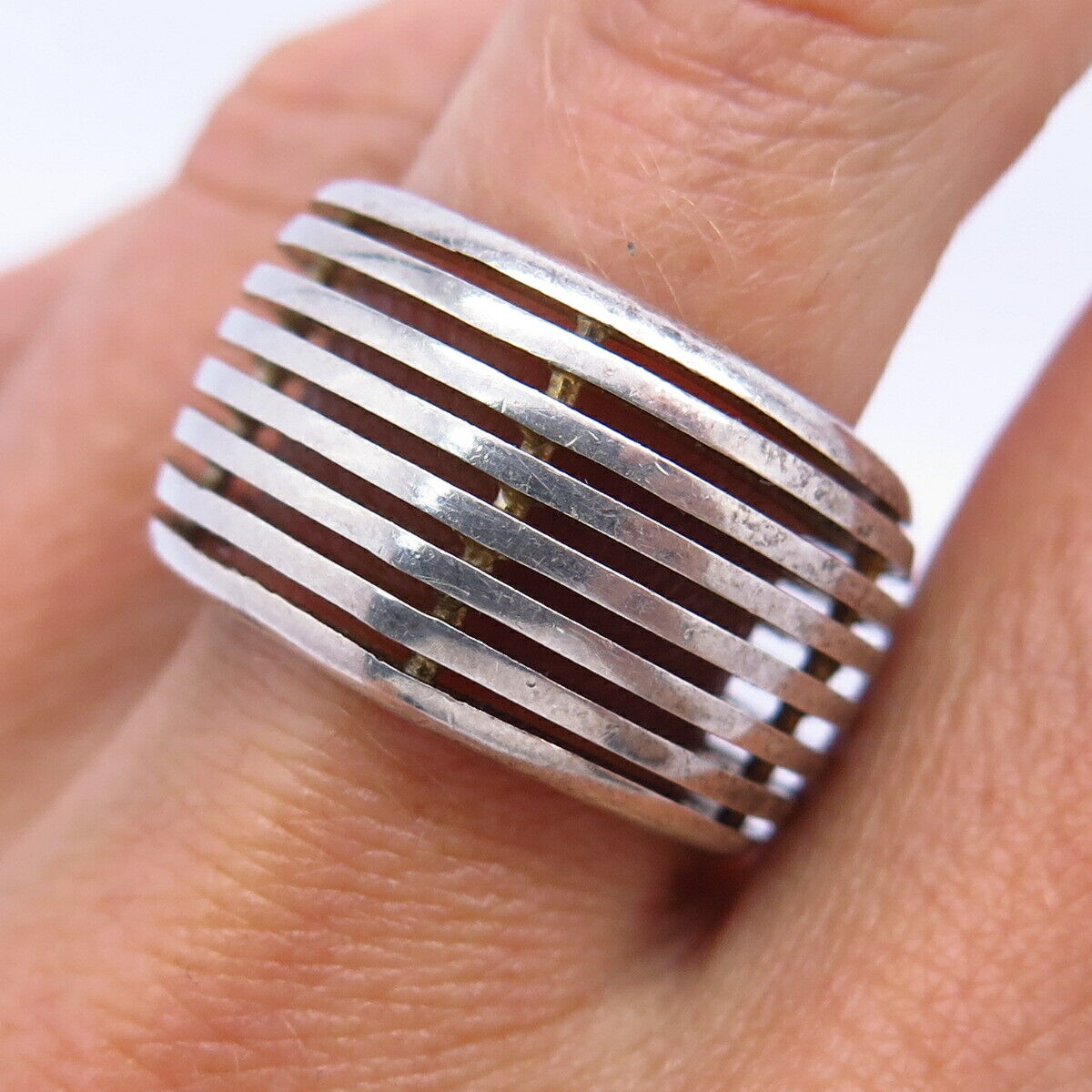 925 Sterling Silver Striped Design Wide Band Ring Size 7.5