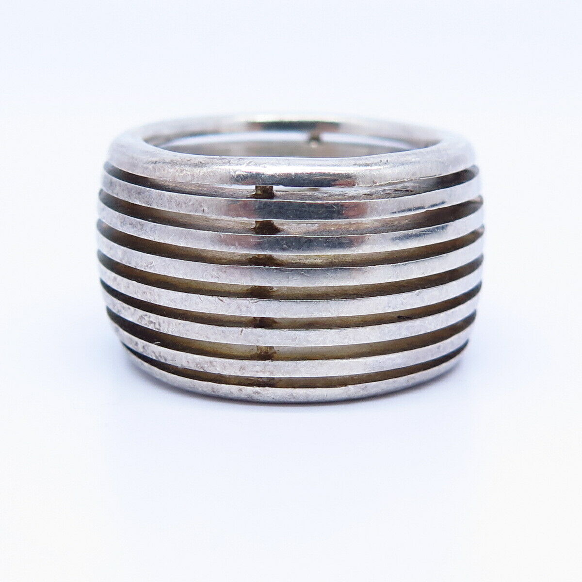 925 Sterling Silver Striped Design Wide Band Ring Size 7.5