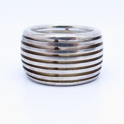 925 Sterling Silver Striped Design Wide Band Ring Size 7.5