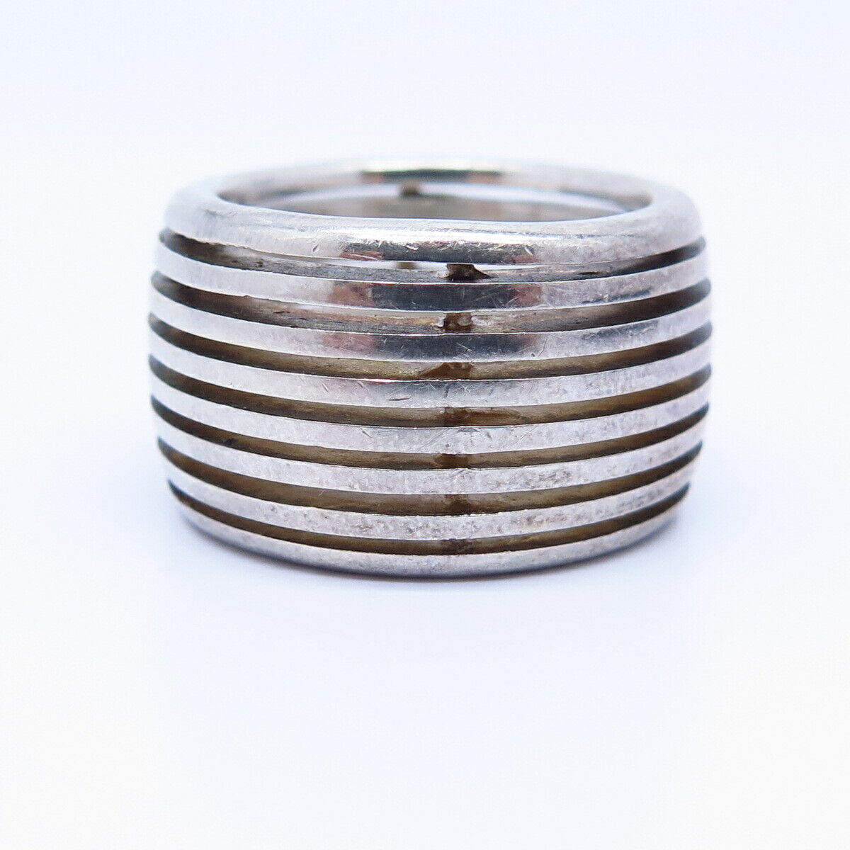 925 Sterling Silver Striped Design Wide Band Ring Size 7.5