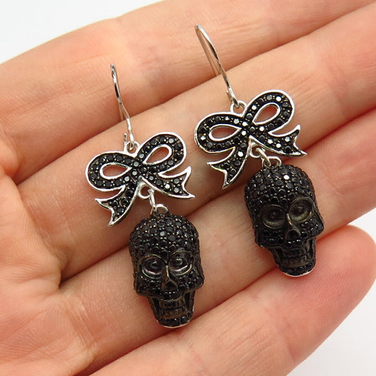 925 Sterling Silver Black C Z Bow & Skull Design Biker Dangling Earrings