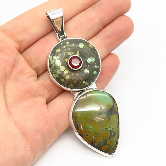 925 Sterling Silver Signed Real Turquoise & Carnelian Gem Modernist Pendant