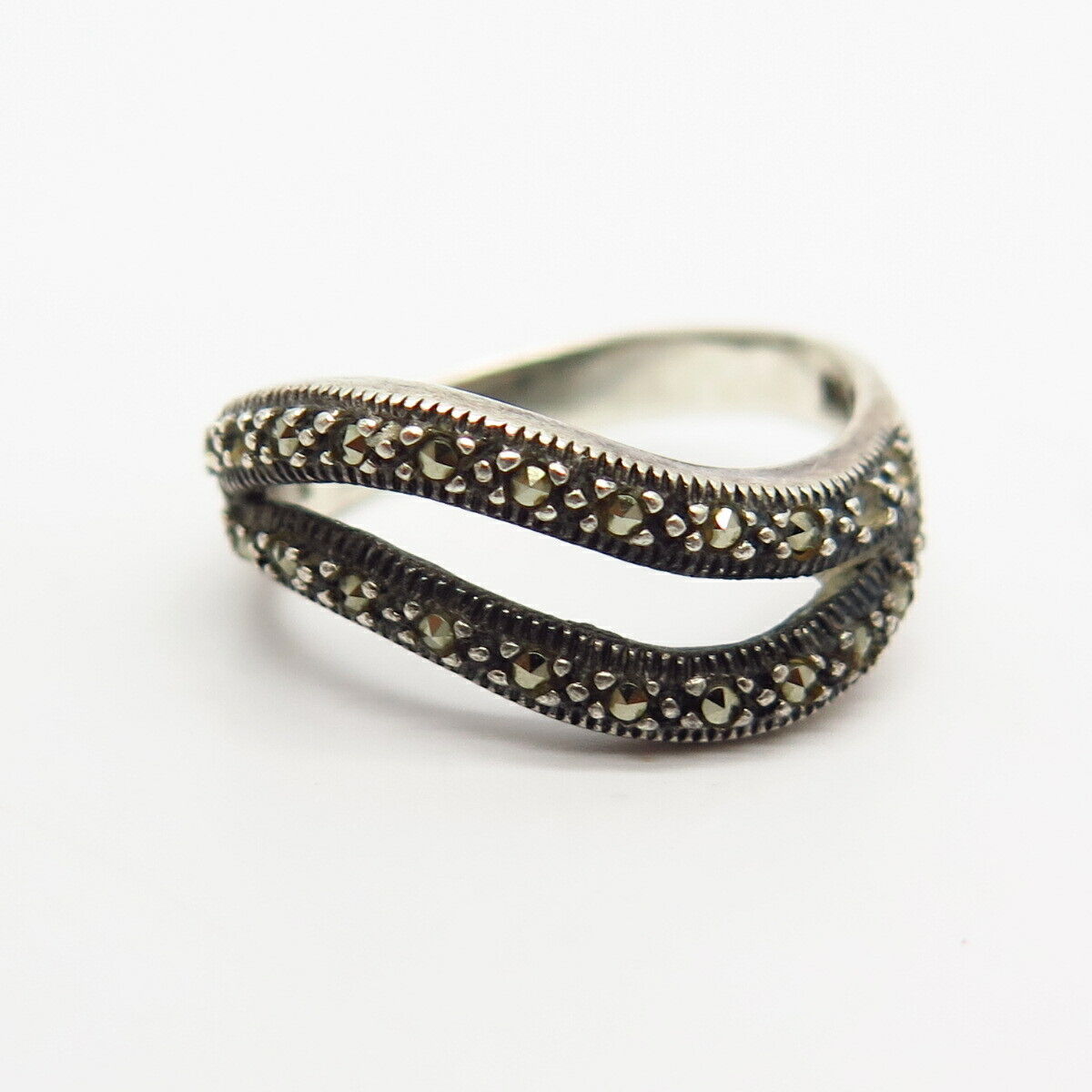 925 Sterling Silver Real Marcasite Gemstone Wavy Design Ring Size 6 3/4