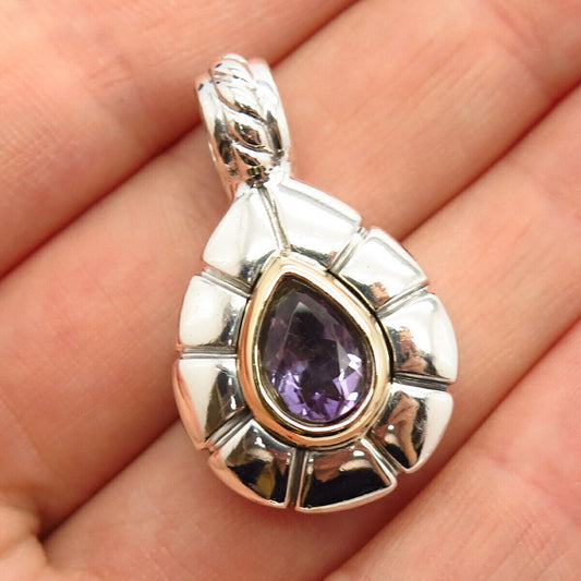 925 Sterling Silver / 14K Italy Real Amethyst Gem Teardrop Hollow Slide Pendant