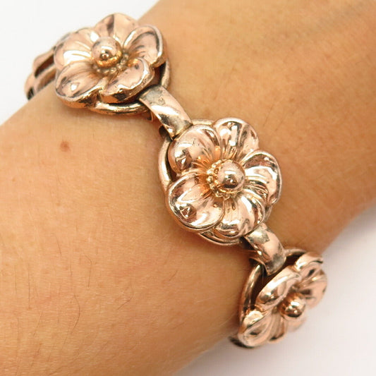 925 Sterling Silver 2-Tone  Vintage Napier Floral Design Link Bracelet 6"