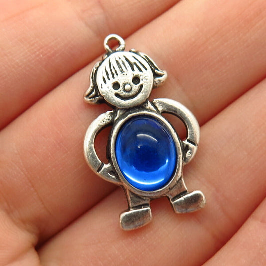 925 Sterling Silver Blue Glass Happy Boy Design Pendant