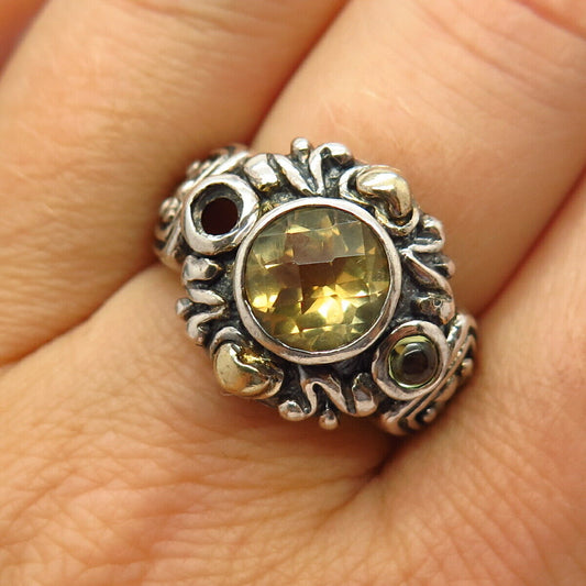 925 Sterling Silver 2-Tone Real Citrine & Peridot Gem Swirl Design Ring Size 7