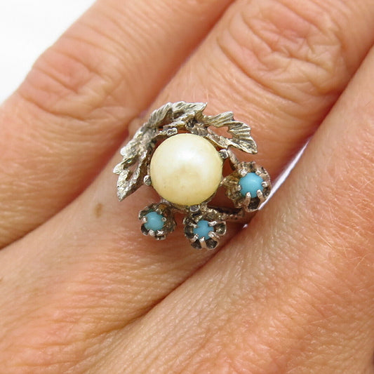 925 Sterling Silver Vintage Faux Turquoise & Pearl Floral Design Ring Size 5.5