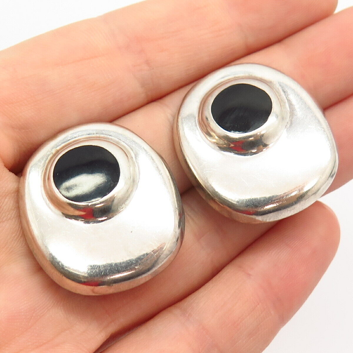 925 Sterling Silver Vintage Mexico Black Onyx Gem Modernist Clip On Earrings