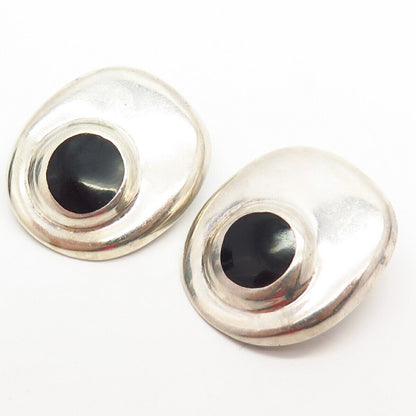 925 Sterling Silver Vintage Mexico Black Onyx Gem Modernist Clip On Earrings