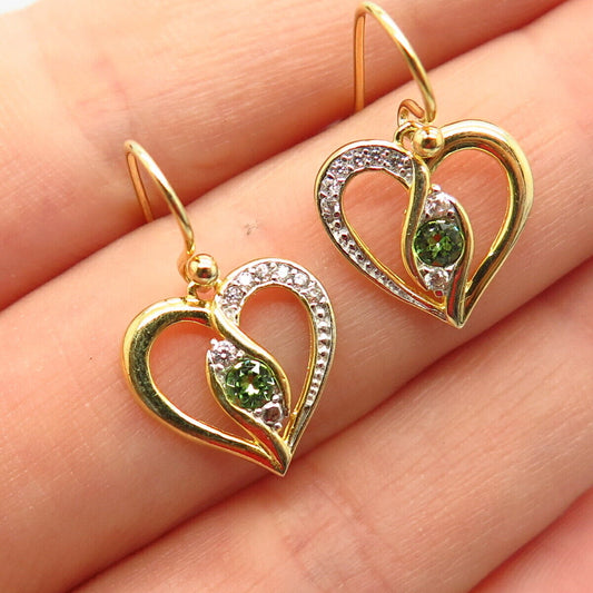 925 Sterling Gold Plated White & Peridot-Tone C Z Open Heart Dangling Earrings