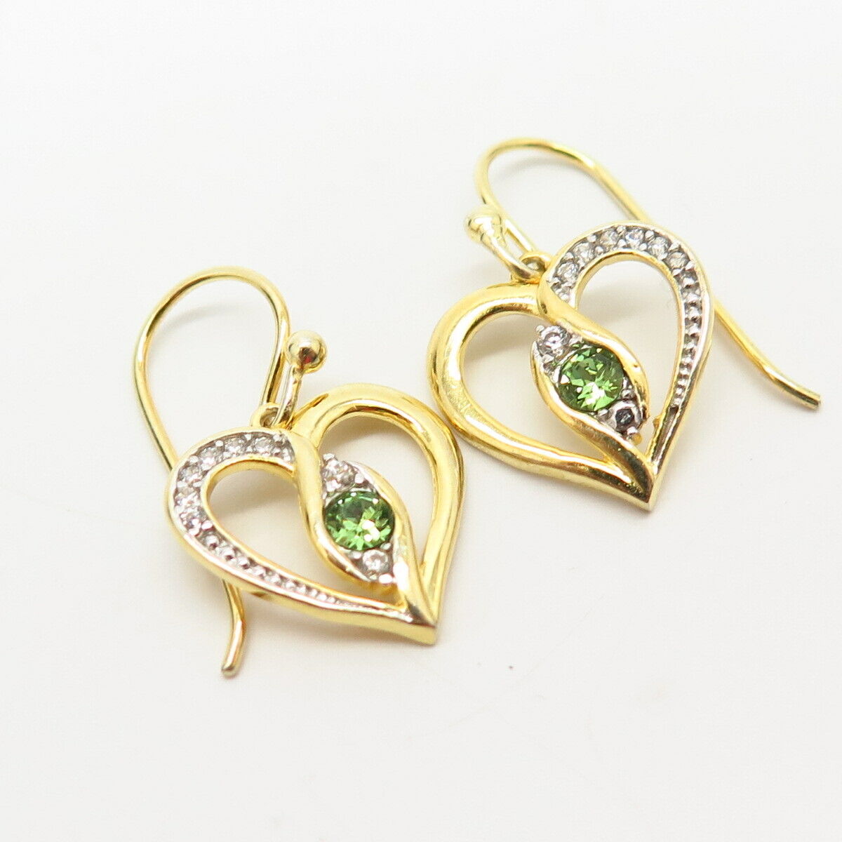 925 Sterling Gold Plated White & Peridot-Tone C Z Open Heart Dangling Earrings