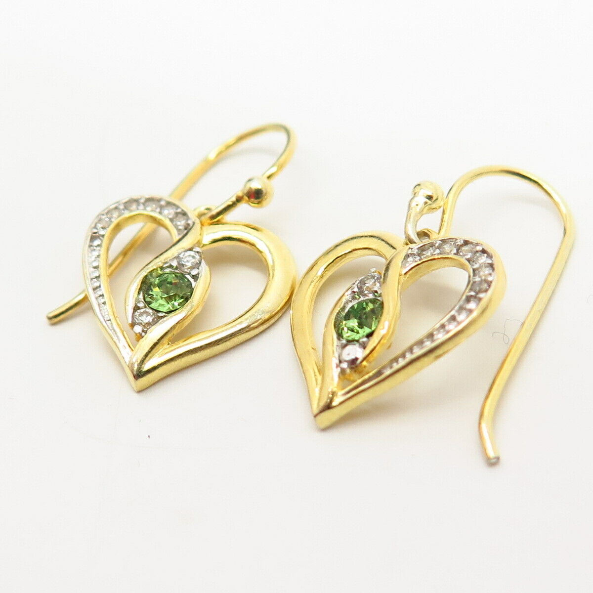 925 Sterling Gold Plated White & Peridot-Tone C Z Open Heart Dangling Earrings