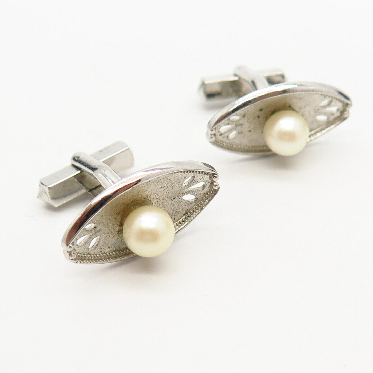 925 Sterling Silver Vintage Japan Real Akoya Pearl Cufflinks