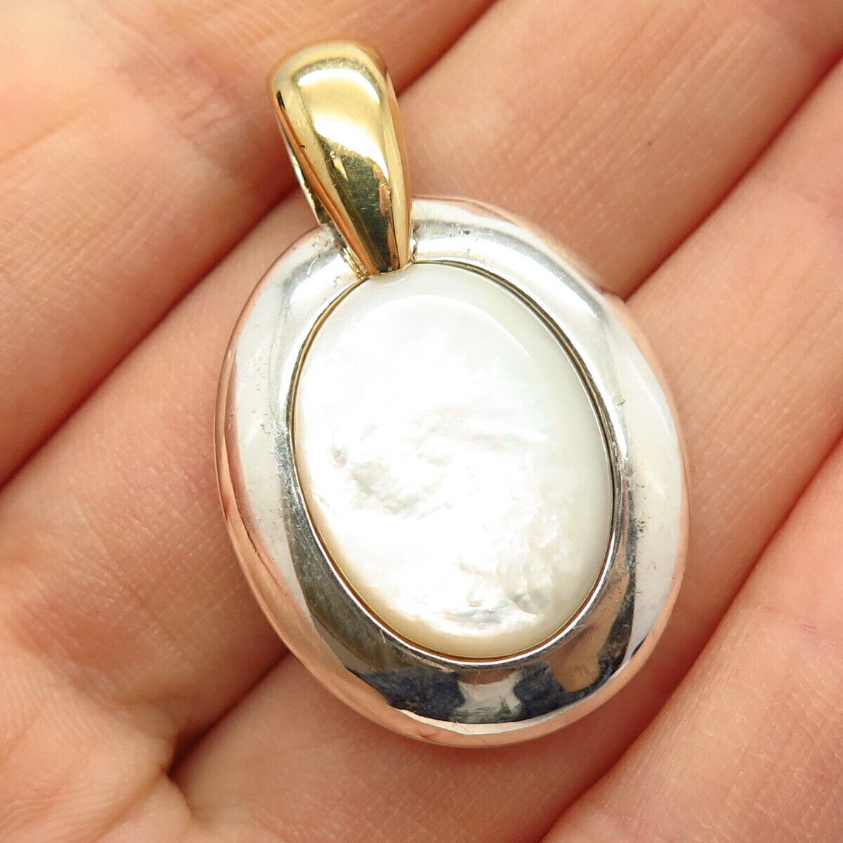 925 Sterling Silver 2-Tone Real Mother-Of-Pearl Oval Slide Pendant