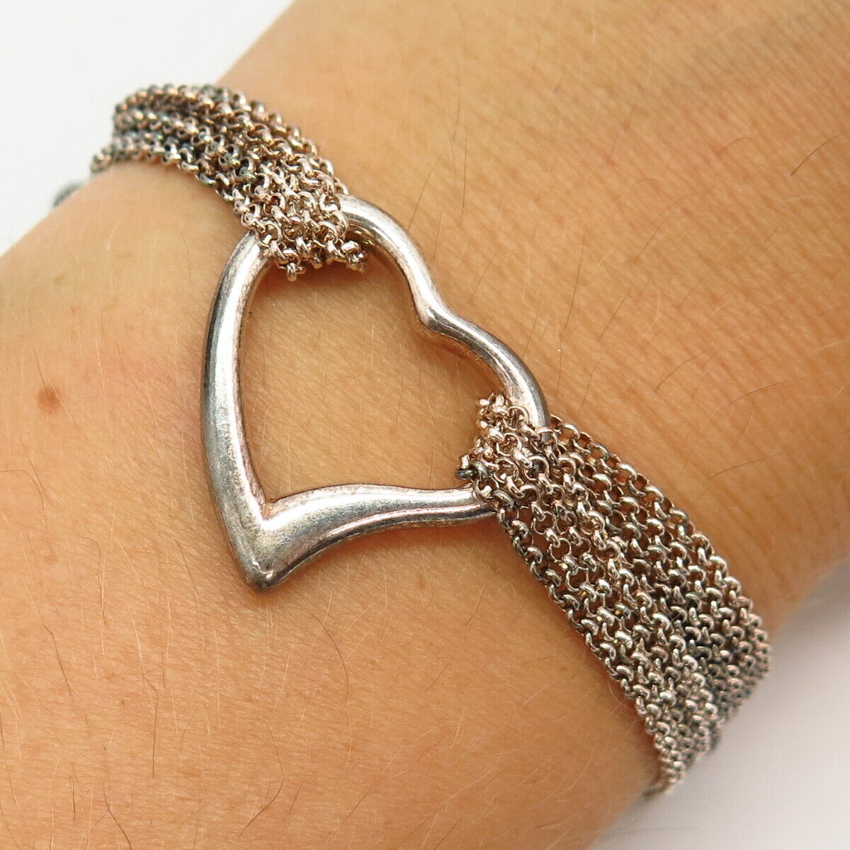 925 Sterling Silver Italy Heart Design Multi-Strand Rolo Link Bracelet 6 3/4"