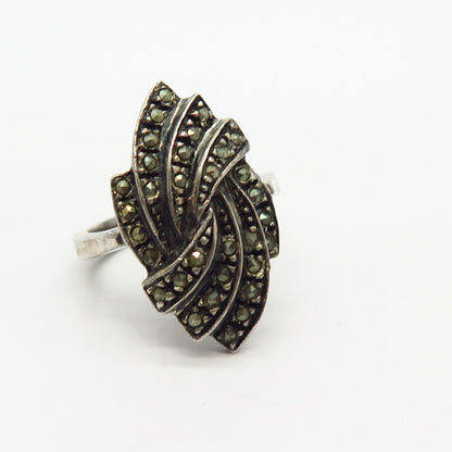 925 Sterling Silver Real Marcasite Gemstone Ribbed Ribbon Ring Size 6 1/4